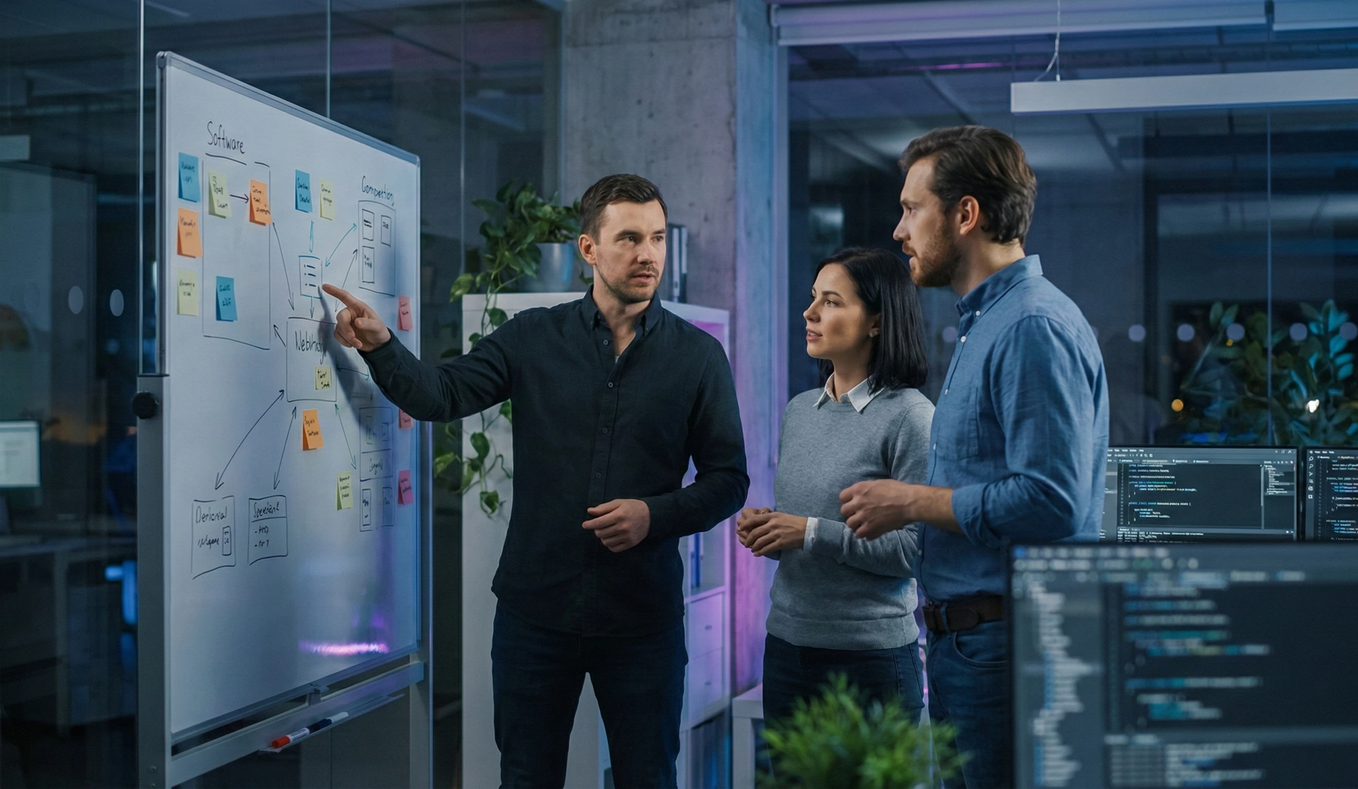 Zespół CodeSymfony podczas warsztatów Event Storming przy tablicy